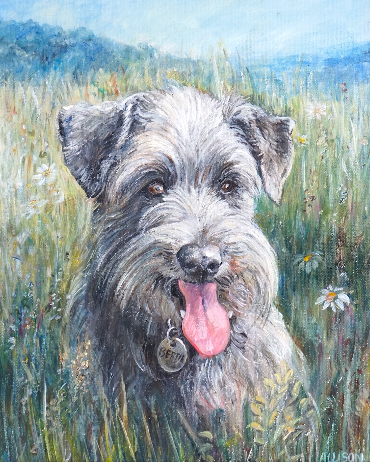 Allison, pair of oils on canvas, Studies of dogs, 'Vicky' and 'Bertie' before landscapes, each signed, 26 x 20cm. Condition - fair to good